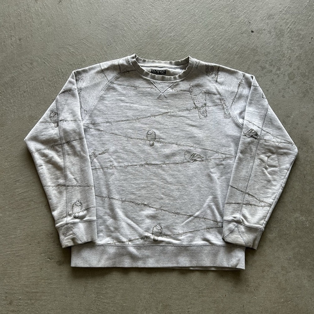 Staple x Buck Sweatshirt Size Large Gray Crewneck Birds Barbed Wire Pigeon‎